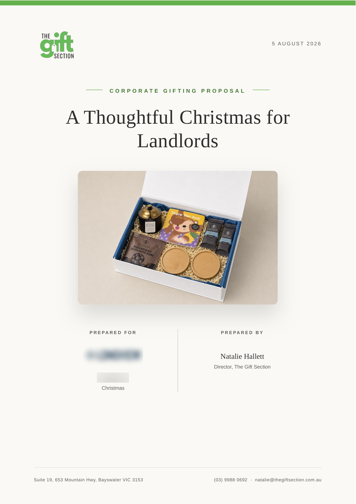 Cover page of a proposal produced by Proposal Studio, with the recipient details blurred
