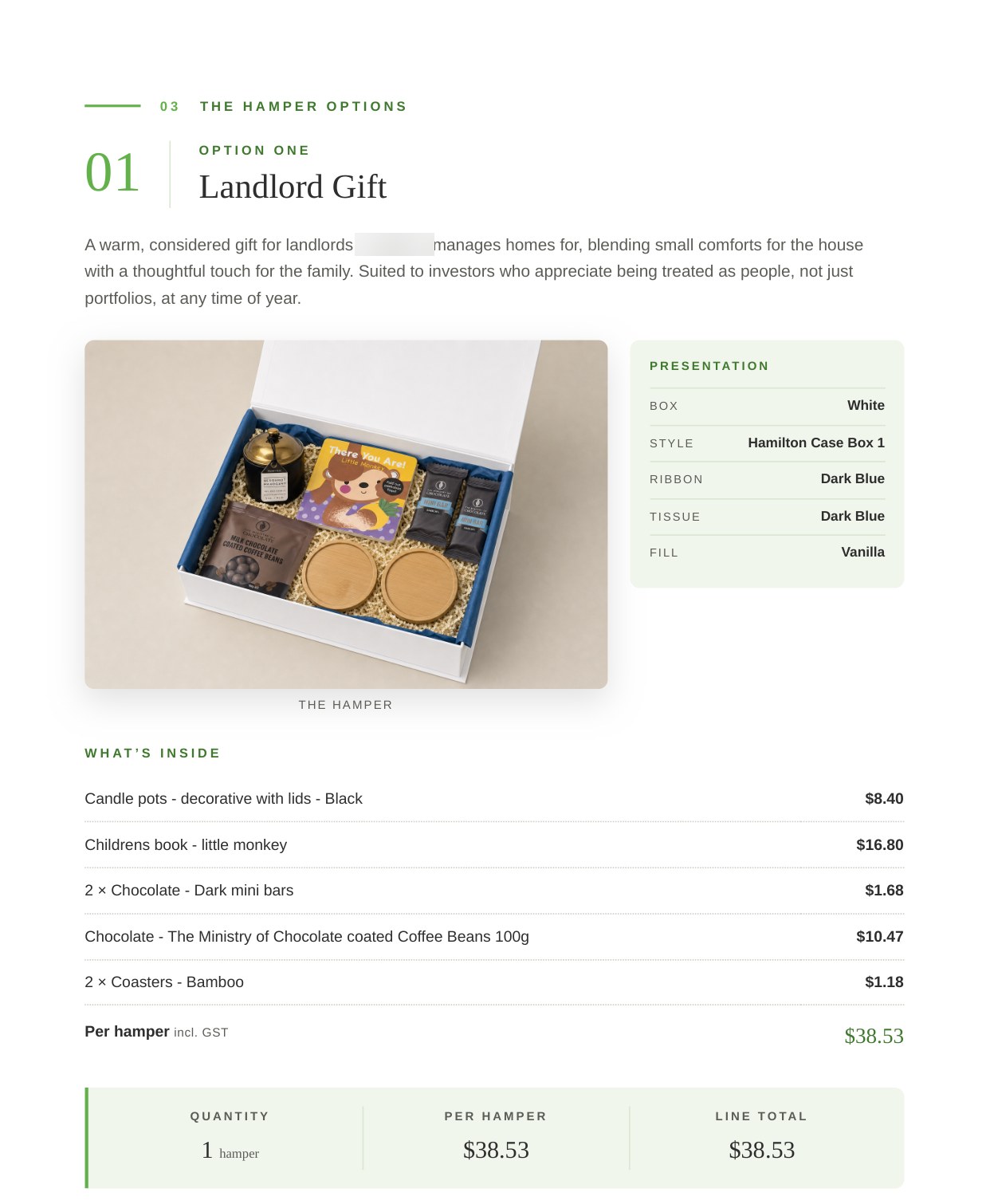 A hamper option page inside the generated proposal, showing the packaging spec, contents and per-item pricing