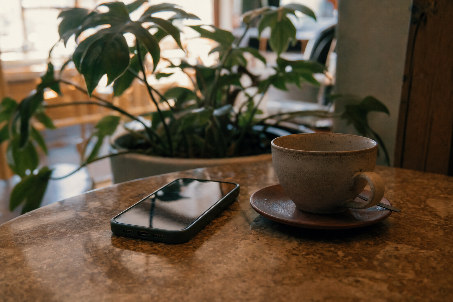 Laptop on a marble desk showing a friendly chat conversation with an orange send button