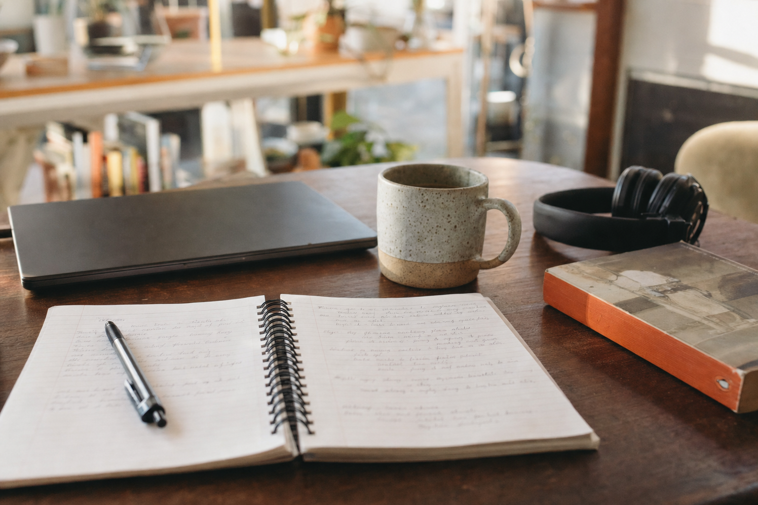 Open hardcover notebook with fountain pen and tablet showing a blog post layout