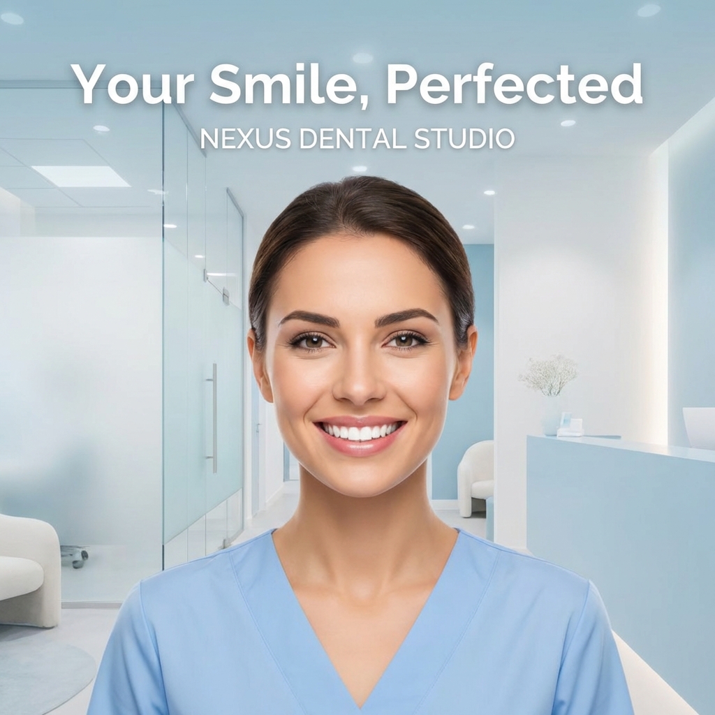 AI generated dental clinic ad creative with a bright modern treatment room and offer text