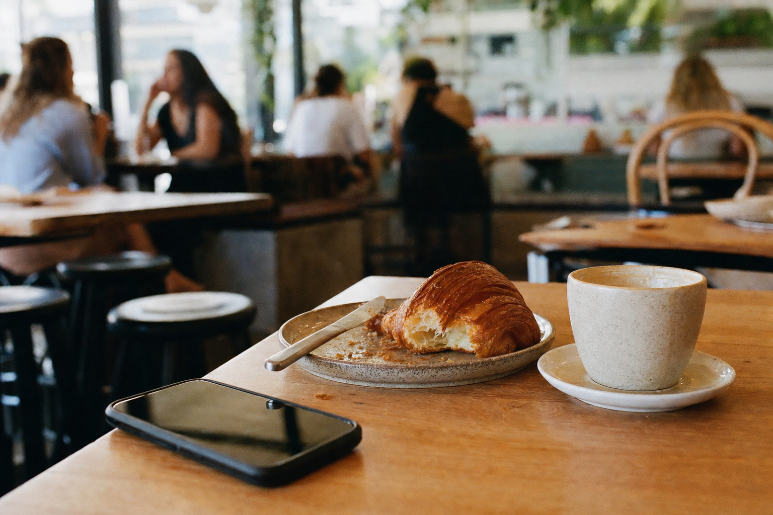 Smartphone showing a social feed grid with three printed post mockups on a marble desk