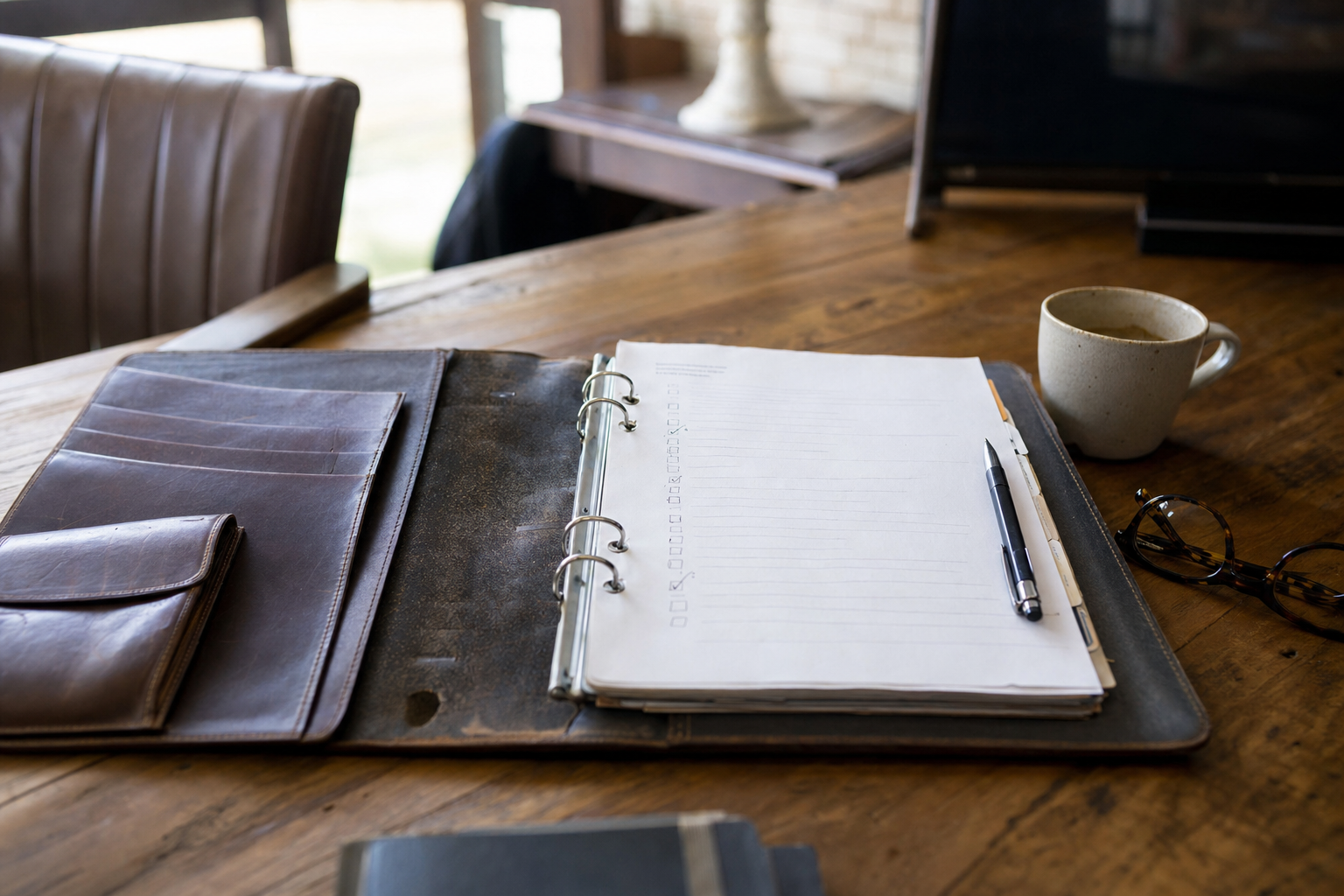 Open binder of printed SOPs next to a laptop screen showing a chat assistant referencing them