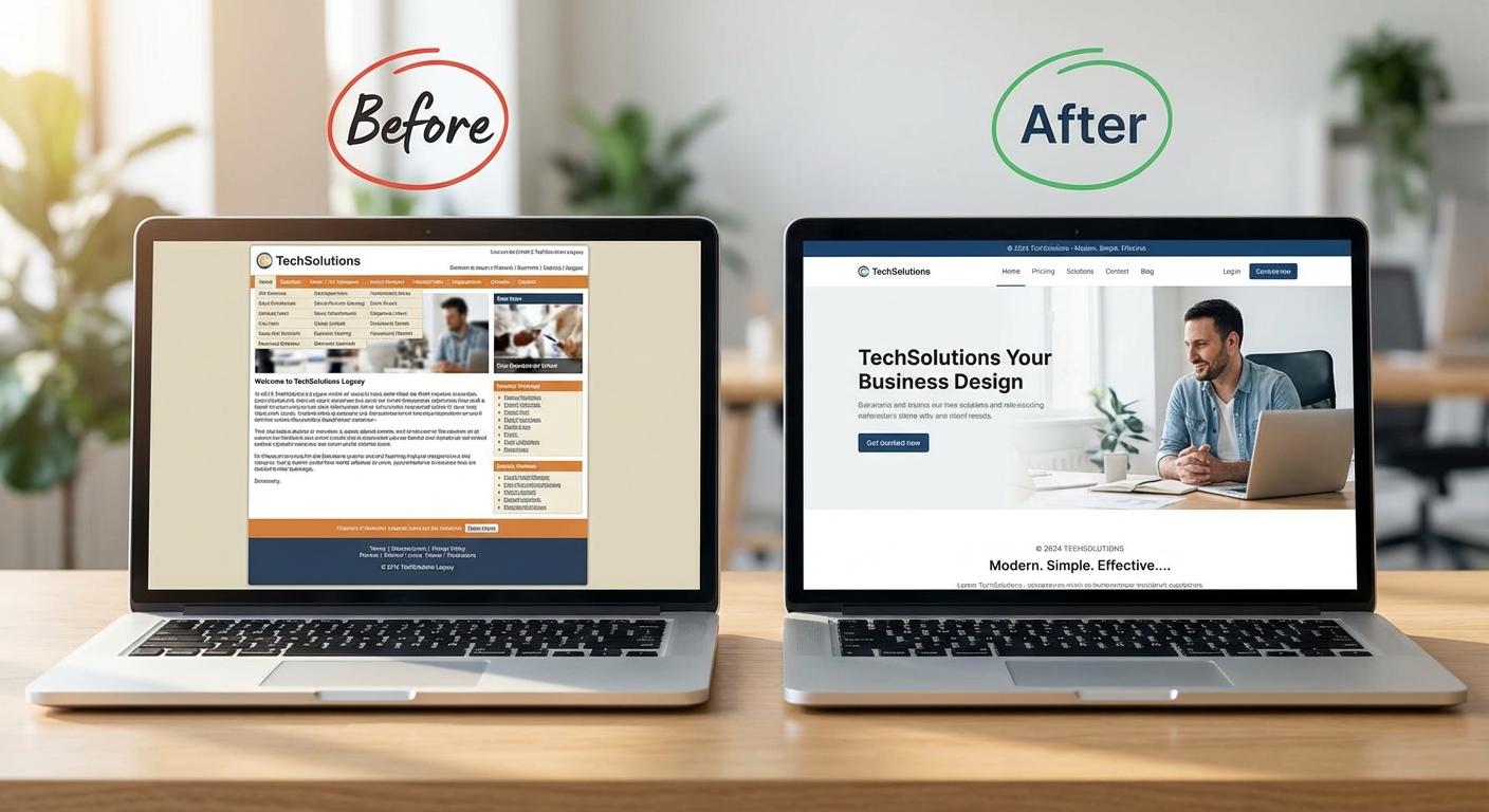 Side by side comparison of a cluttered slow website and a clean fast landing page built by InterMeta