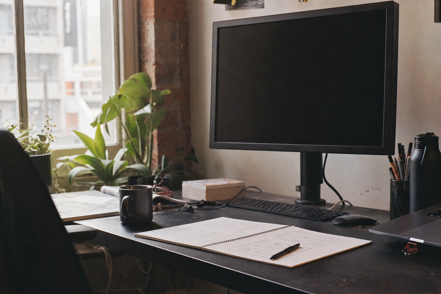 Designer's desk with monitor showing a wireframe in orange blocks, sketch pad and coffee